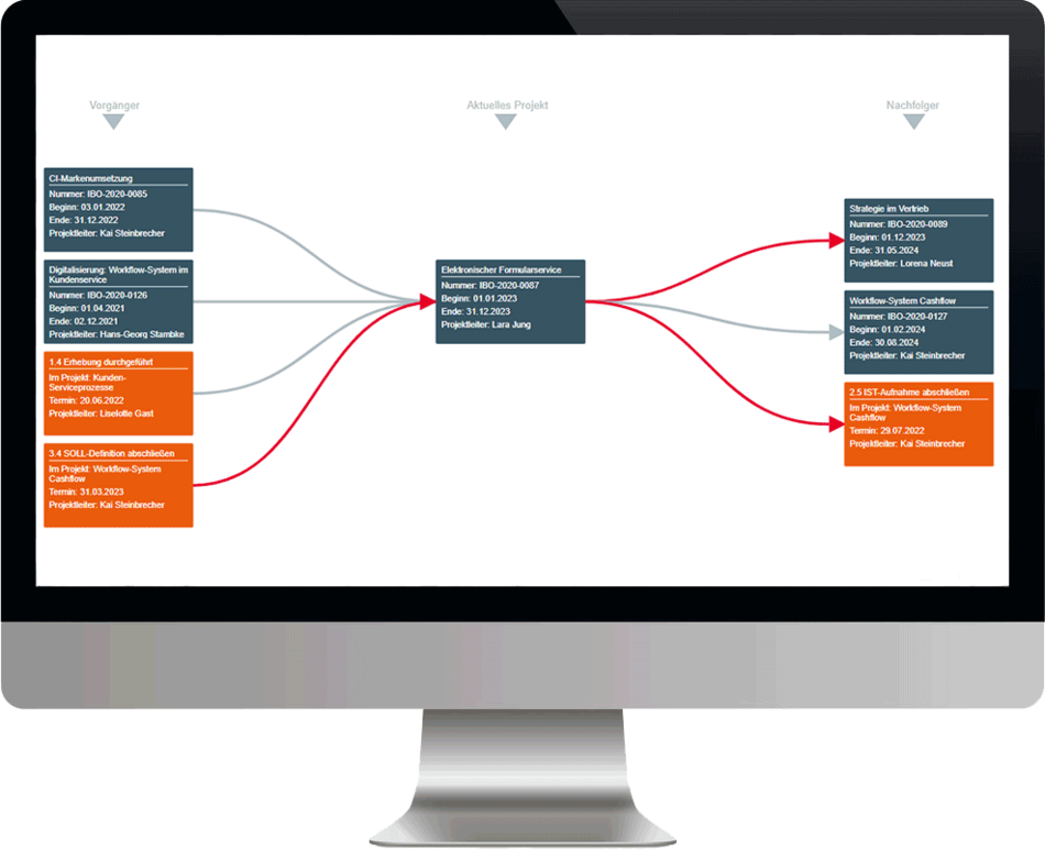 Abhängigkeiten im Projekt-Portfolio in ibo netProject am Bildschirm