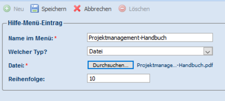 ibo netProject: Hilfe-Menü mit hinterlegten Einträgen
