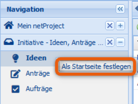 ibo netProject: Kontextmenü „Als Startseite festlegen“ in der Navigation