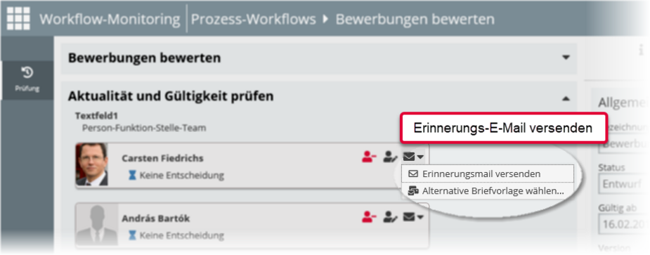 ibo Prometheus Workflow-Monitoring: Menü „Erinnerungs-E-Mail versenden“